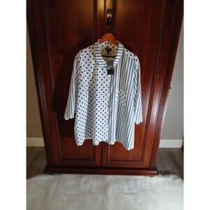 NWT's ULLA POPKEN Women's 28/30 Mixed Media Blue/White Button-Up Tunic Blouse